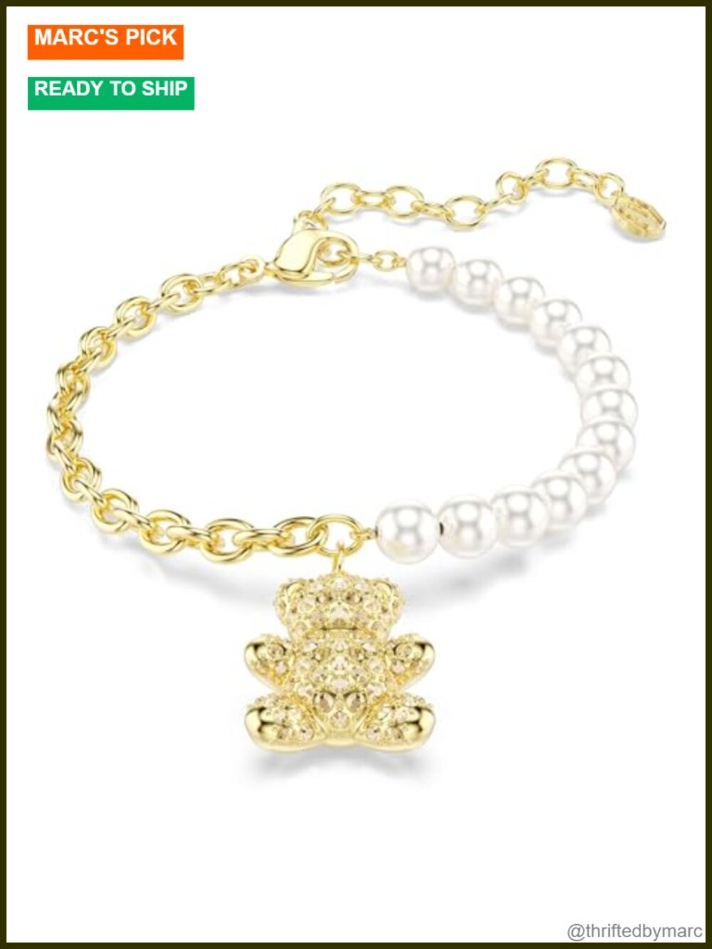 Swarovski Crystal Pearl Teddy Bear Bracelet Gold-Tone Plated Link Chain